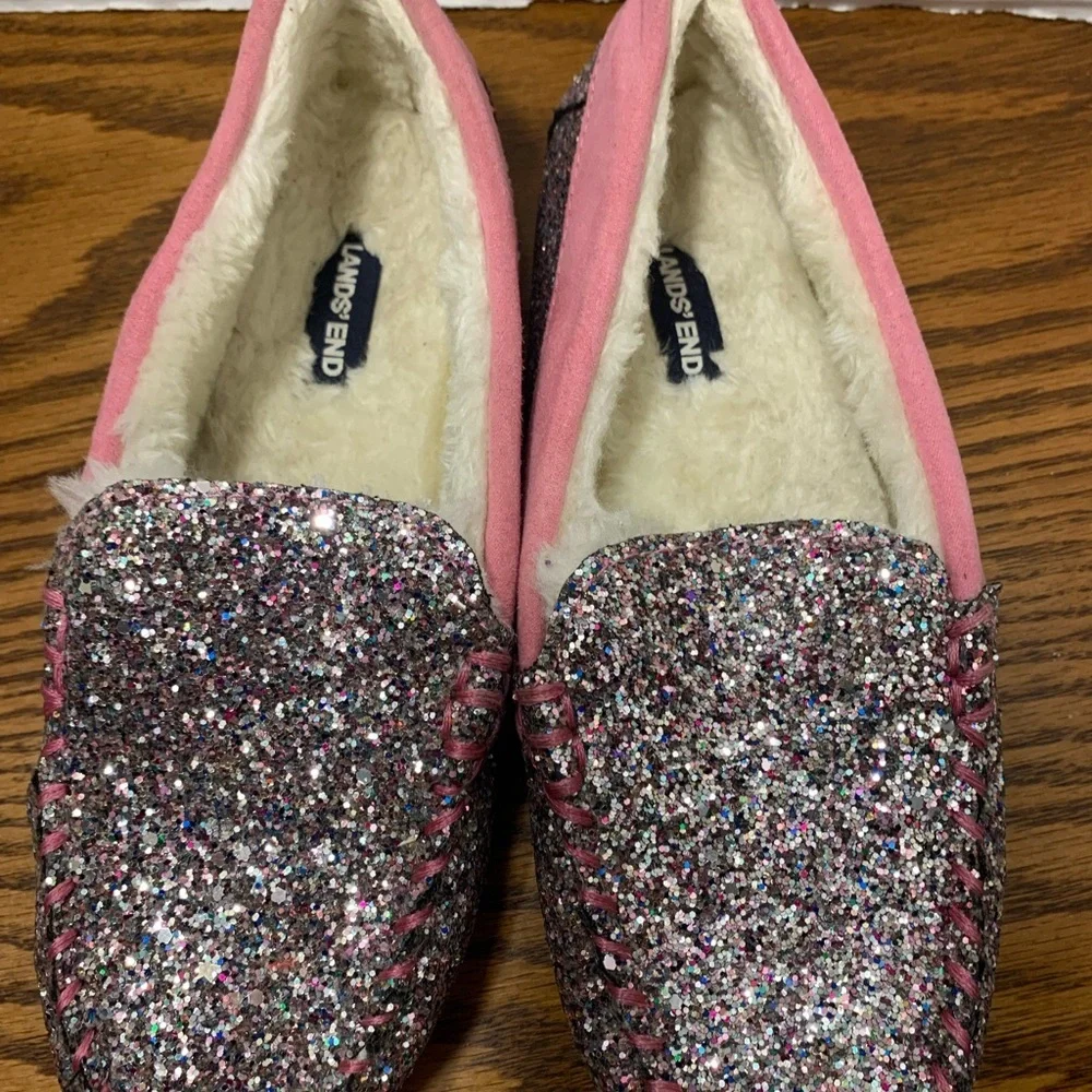 Lands' End Sparkling Glitter Pink and Silver size 4 Moccasins